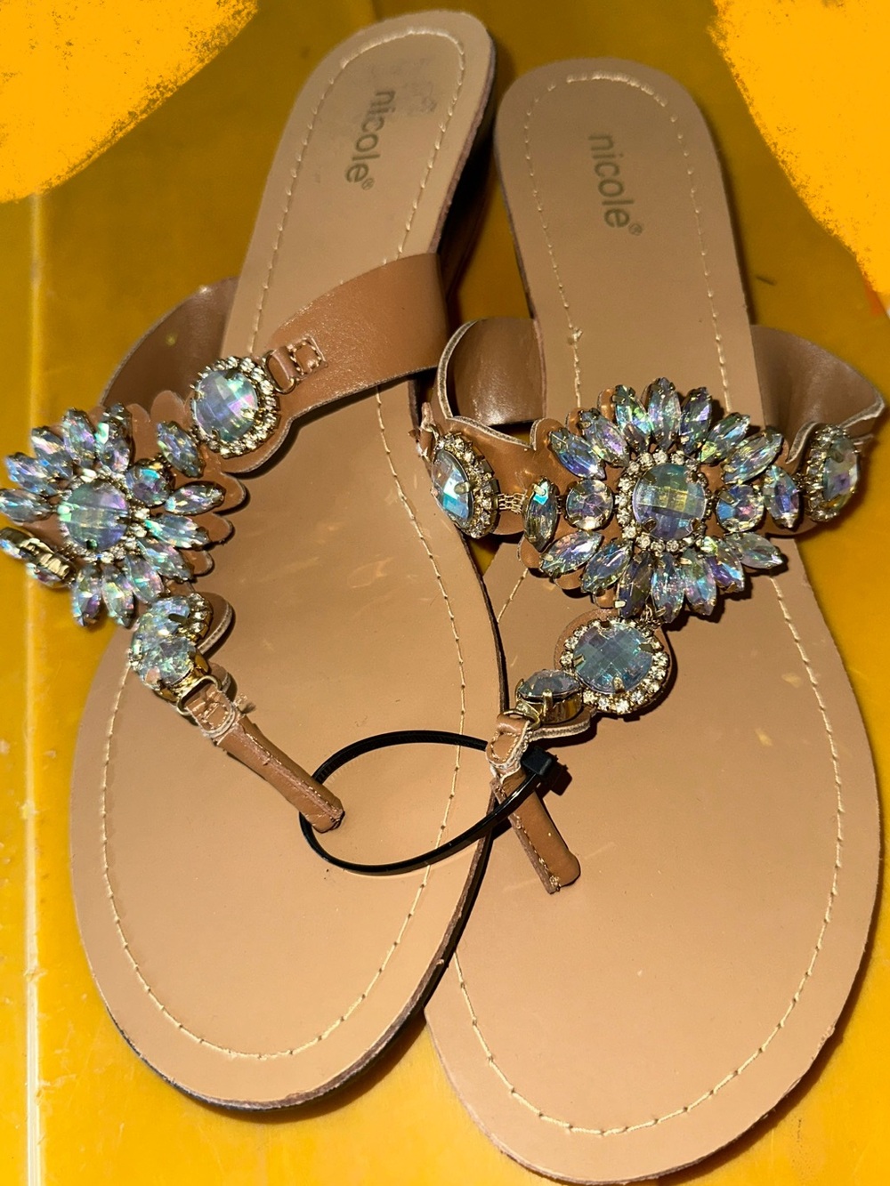 NICOLE Sz 10 Embellished Iridescent Stones Tan Women T-Strap Sandals Wedge Shoes
